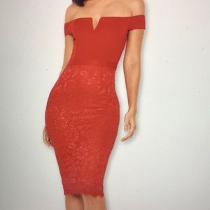 Off shoulder red midi bodycon dress
